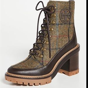 Tory Burch Miller Lug Sole Booties; olive plaid